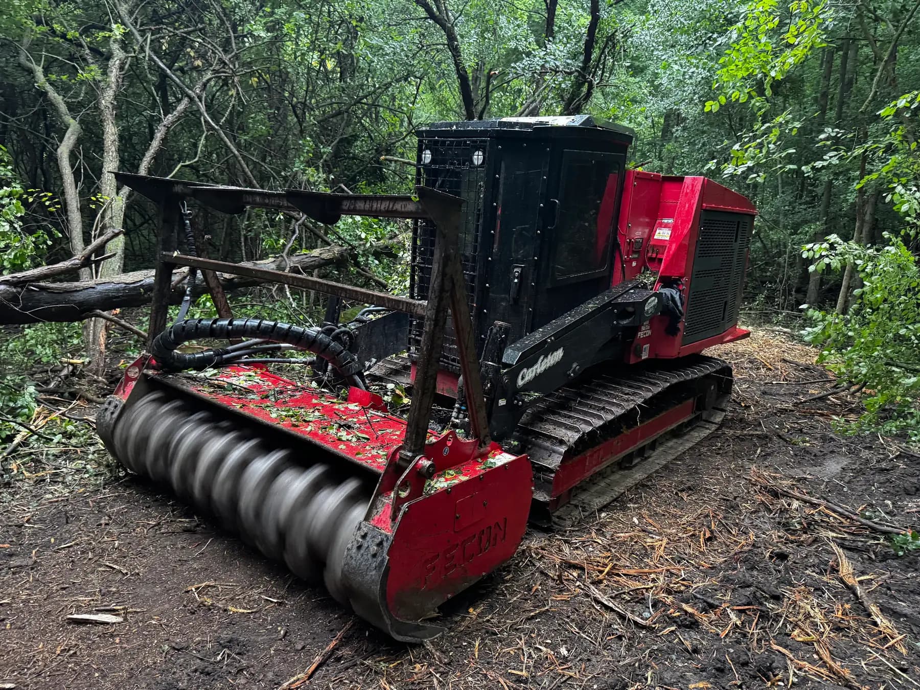 Tracked forestry mulcher grinding brush and small trees in dense Michigan woods