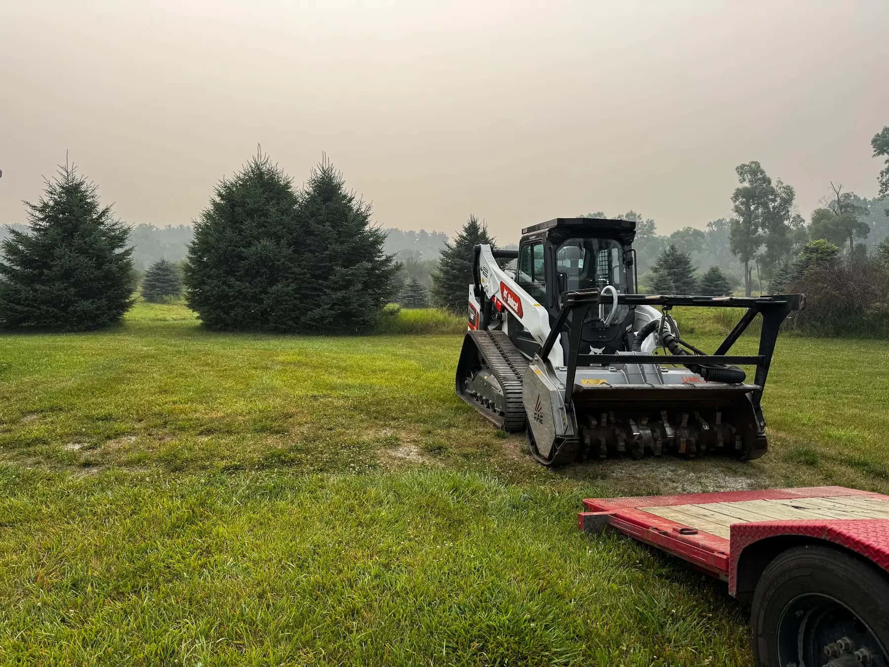 Tracked forestry mulcher on a grassy property with trees in the background